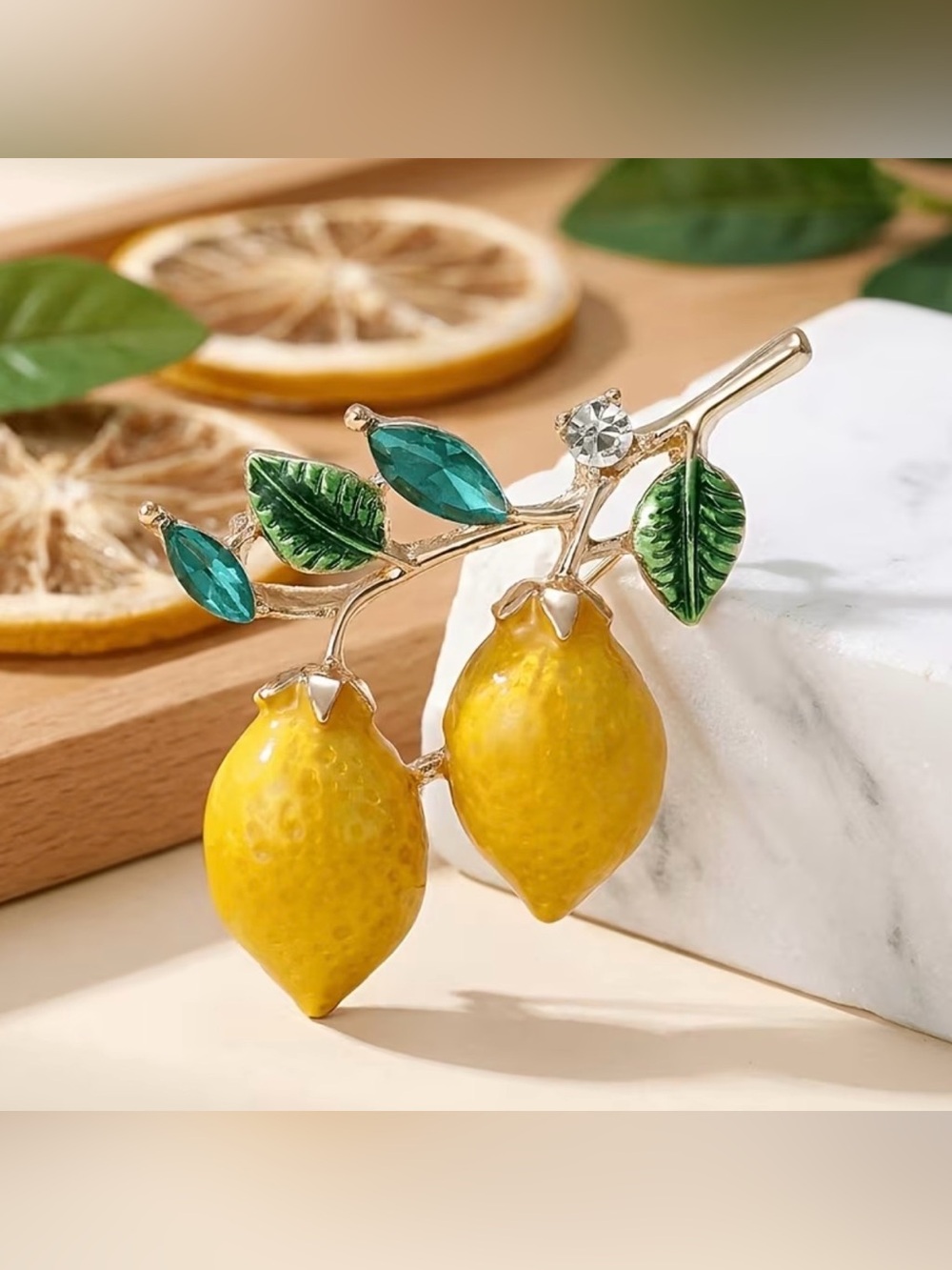 New gold-tone two yellow enamel lemons brooch green crystal leaves rhinestones